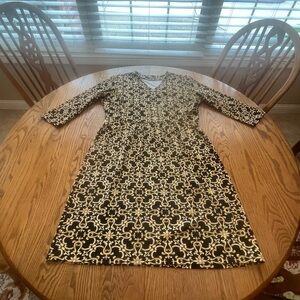 J McLaughlin Catalina Cloth Dress Yellow Gold Black Print 3/4 Sleeve XL Pockets